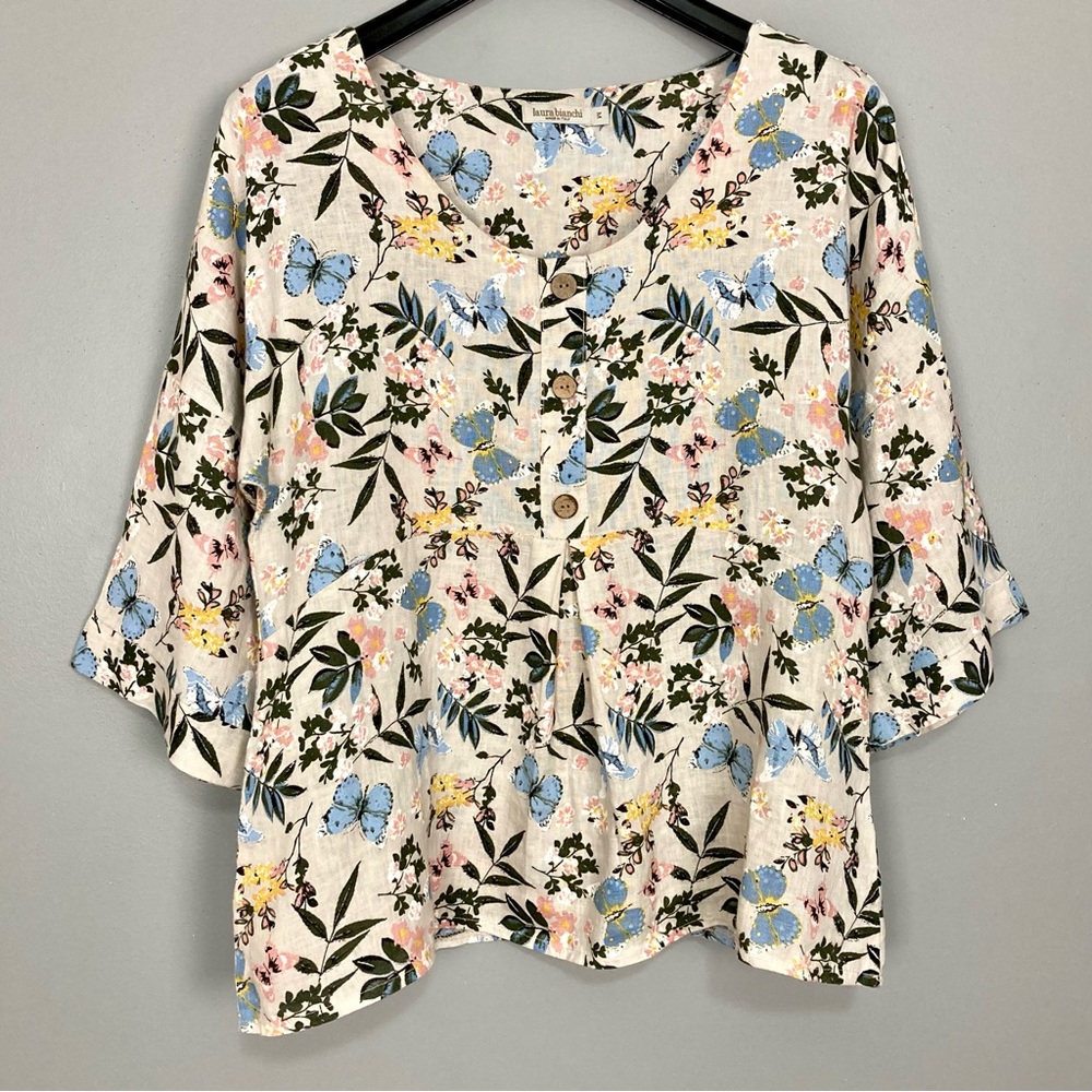 Laura Bianchi Printed Linen Top Women’s Size M Floral Butterflies Flared Sleeves